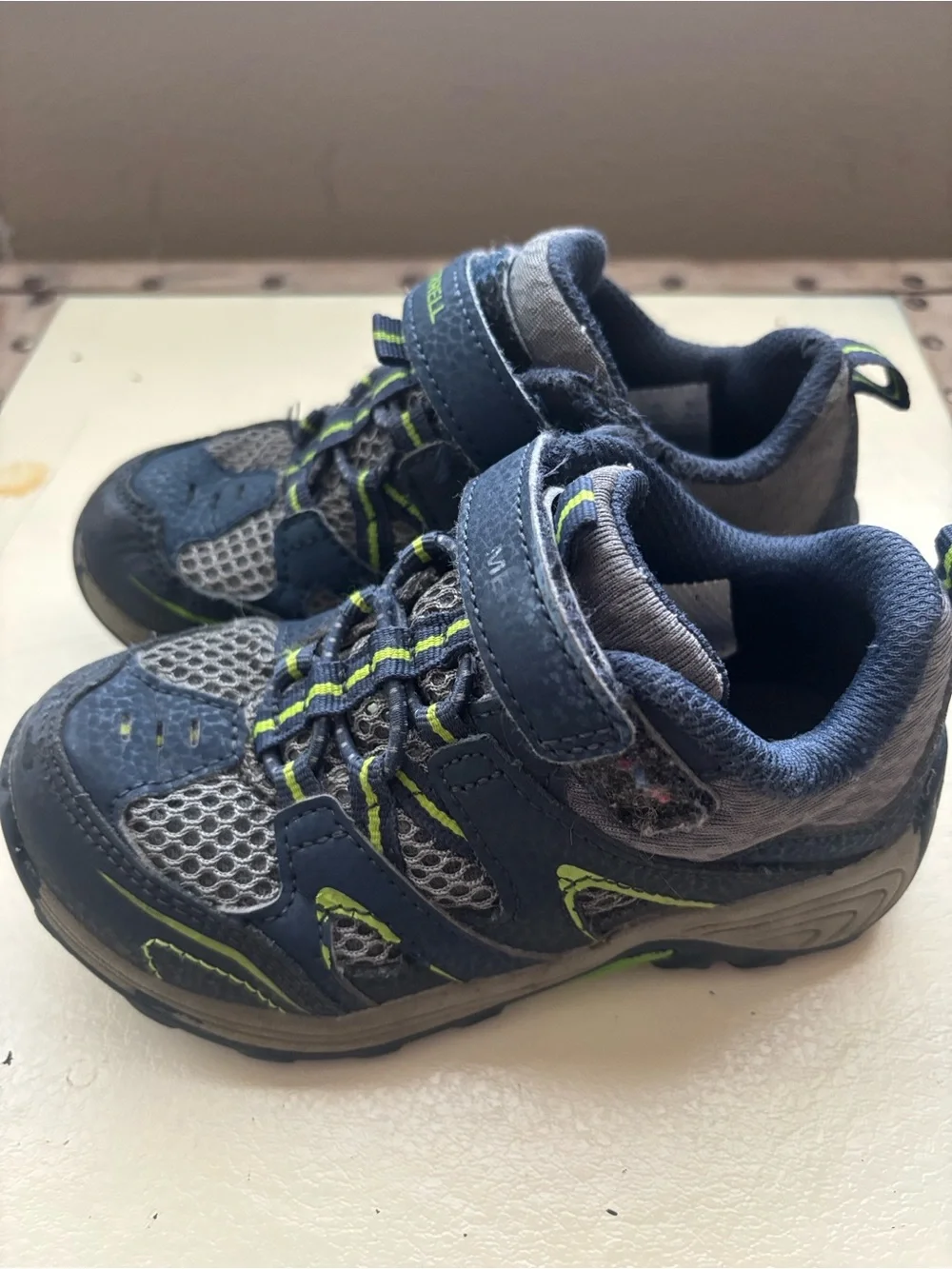 Merrell Kids Navy Blue and Gray Hiking Sneakers with Lime Accents